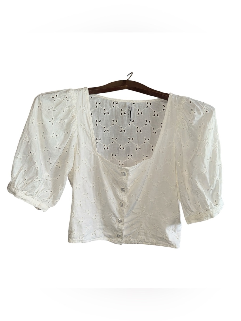 Rachel Pally White Eyelet Square-Neck Button Front Blouse Puff Sleeve Crop Top